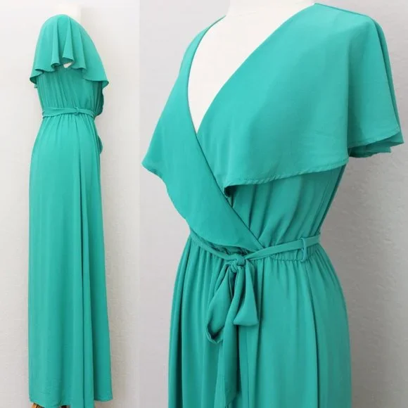 Vici Lost in the Moment Maxi Dress Cape Surplice Wrap V Neck Slit Green S $68 - Picture 5 of 12